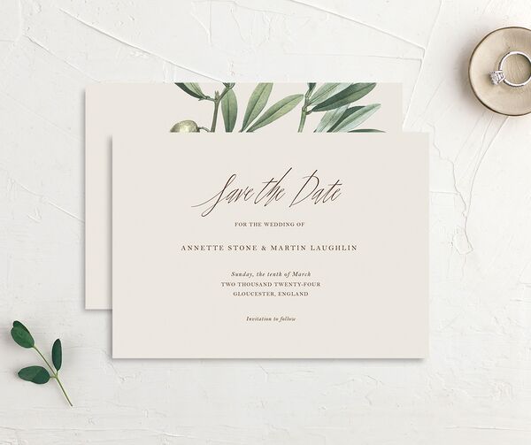 Mediterranean Olive Save the Date Cards front-and-back in Champagne