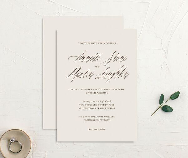 Mediterranean Olive Wedding Invitations front-and-back in Champagne