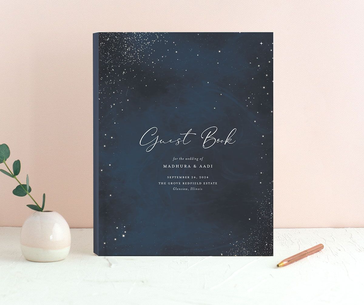Shooting Stars Wedding Guest Book front in French Blue