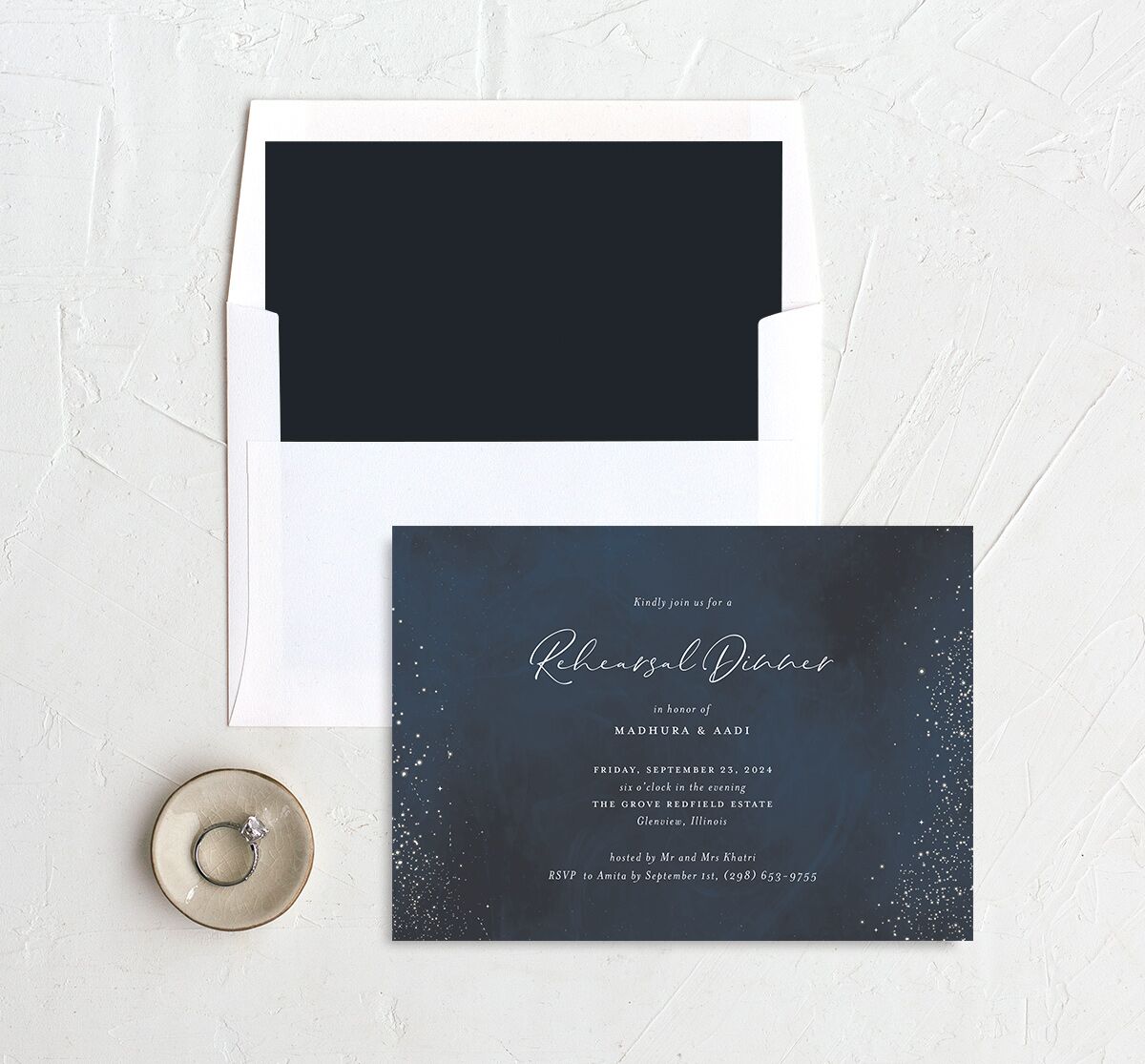 Shooting Stars Rehearsal Dinner Invitations envelope-and-liner in French Blue