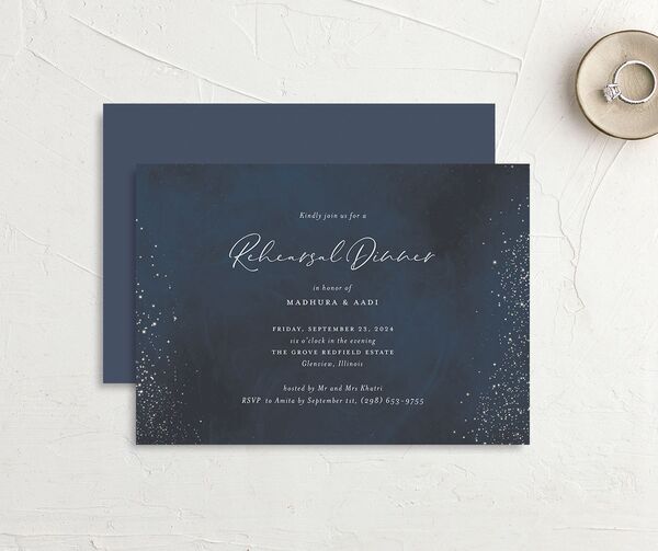 Shooting Stars Rehearsal Dinner Invitations front-and-back in French Blue