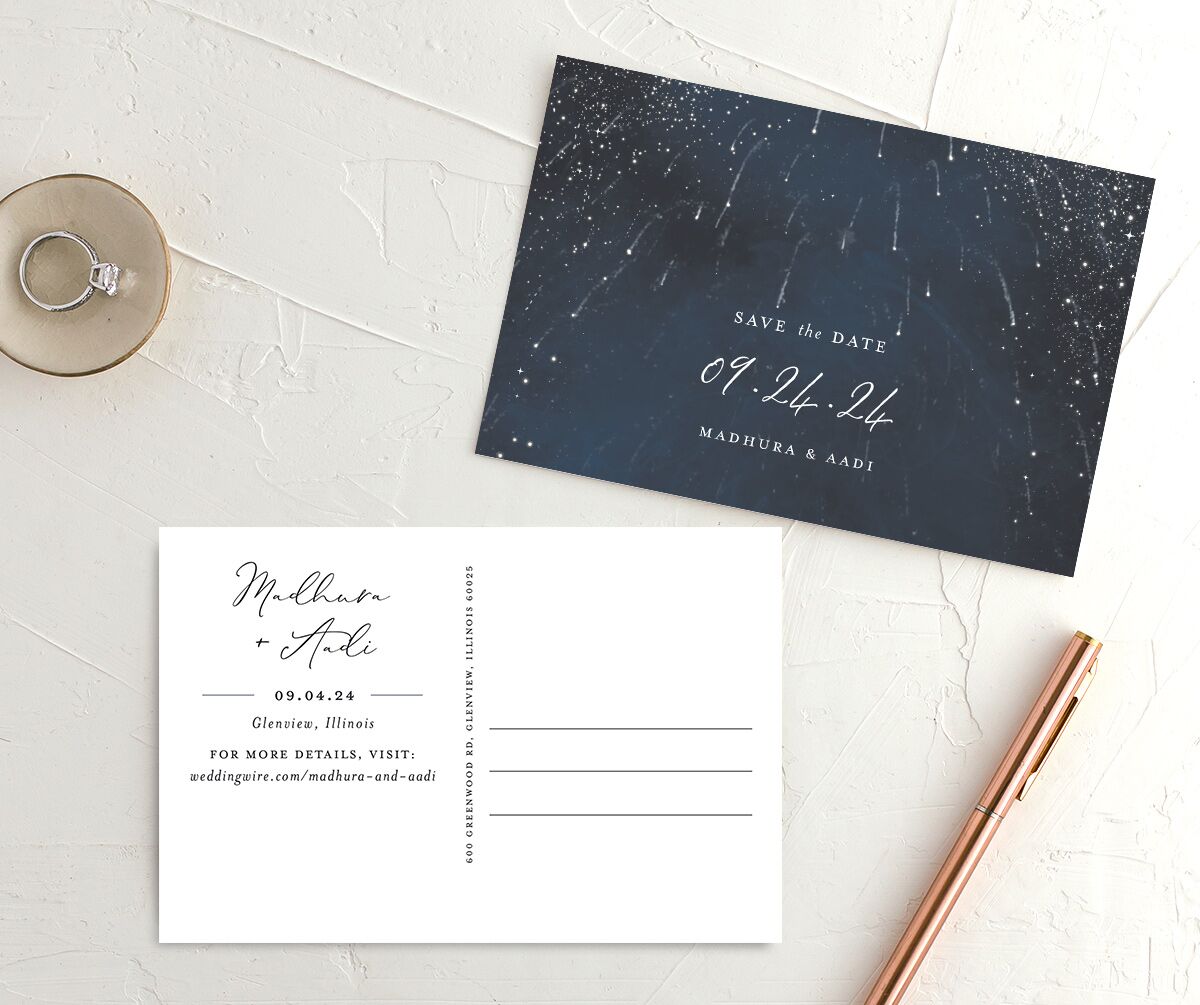 Shooting Stars Save the Date Postcards front-and-back in French Blue