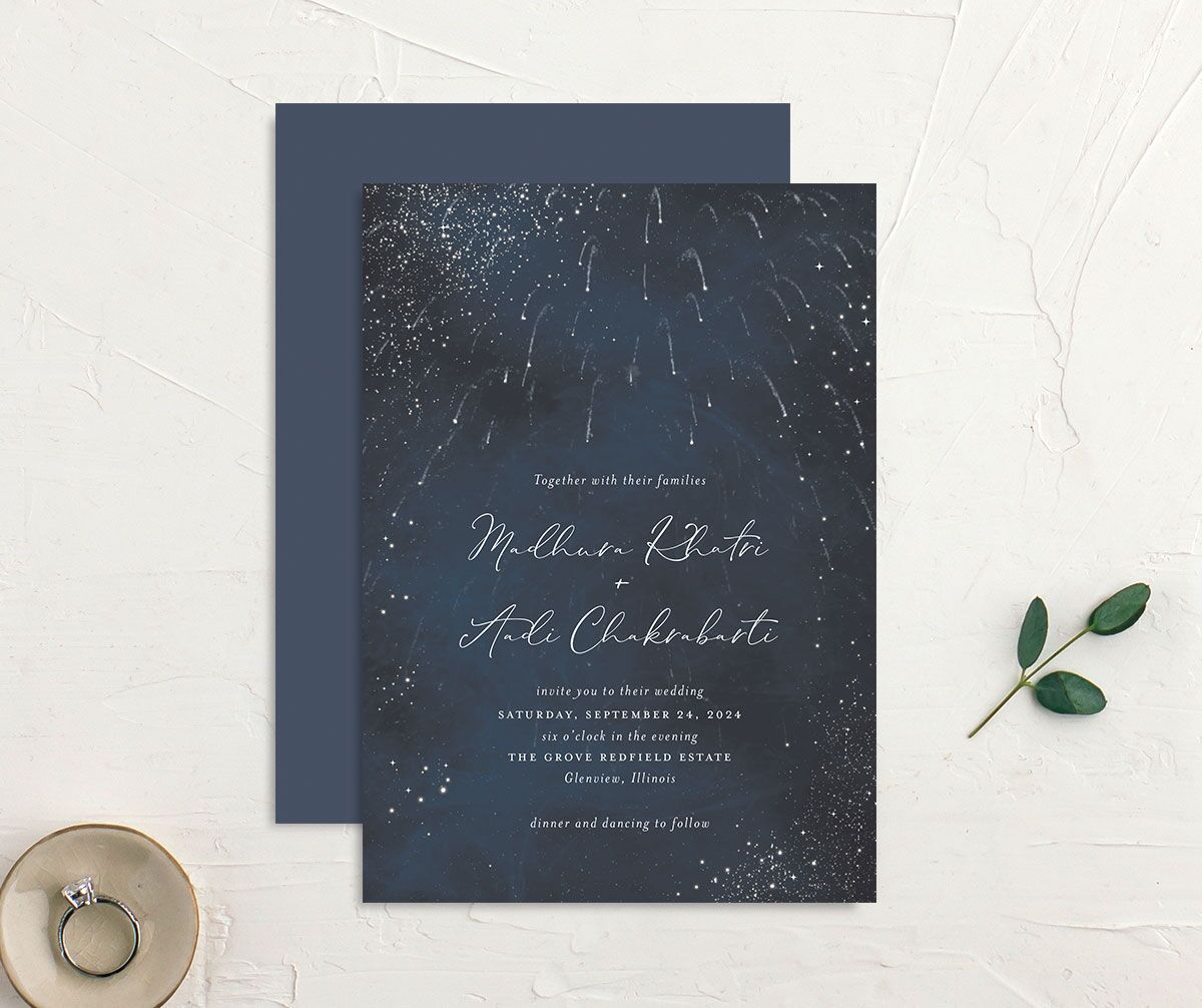 Shooting Stars Wedding Invitations front-and-back in French Blue