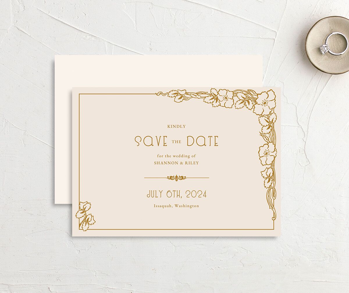 Floral Antiquity Save the Date Cards front-and-back in Dijon