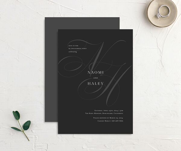 Elegant Initials Bridal Shower Invitations front-and-back in Midnight