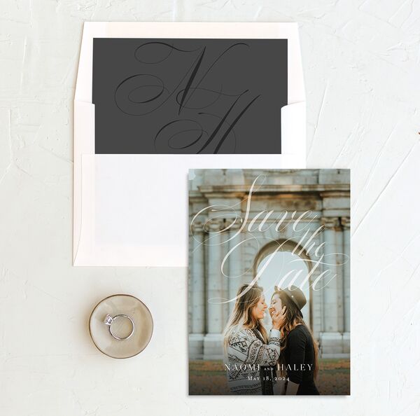 Elegant Initials Save the Date Cards envelope-and-liner in Midnight
