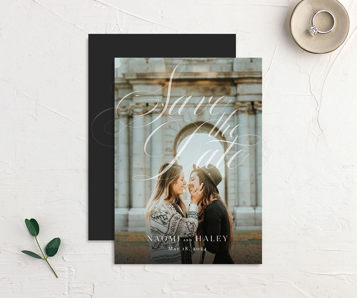 Elegant Initials Save the Date Cards front-and-back in Midnight