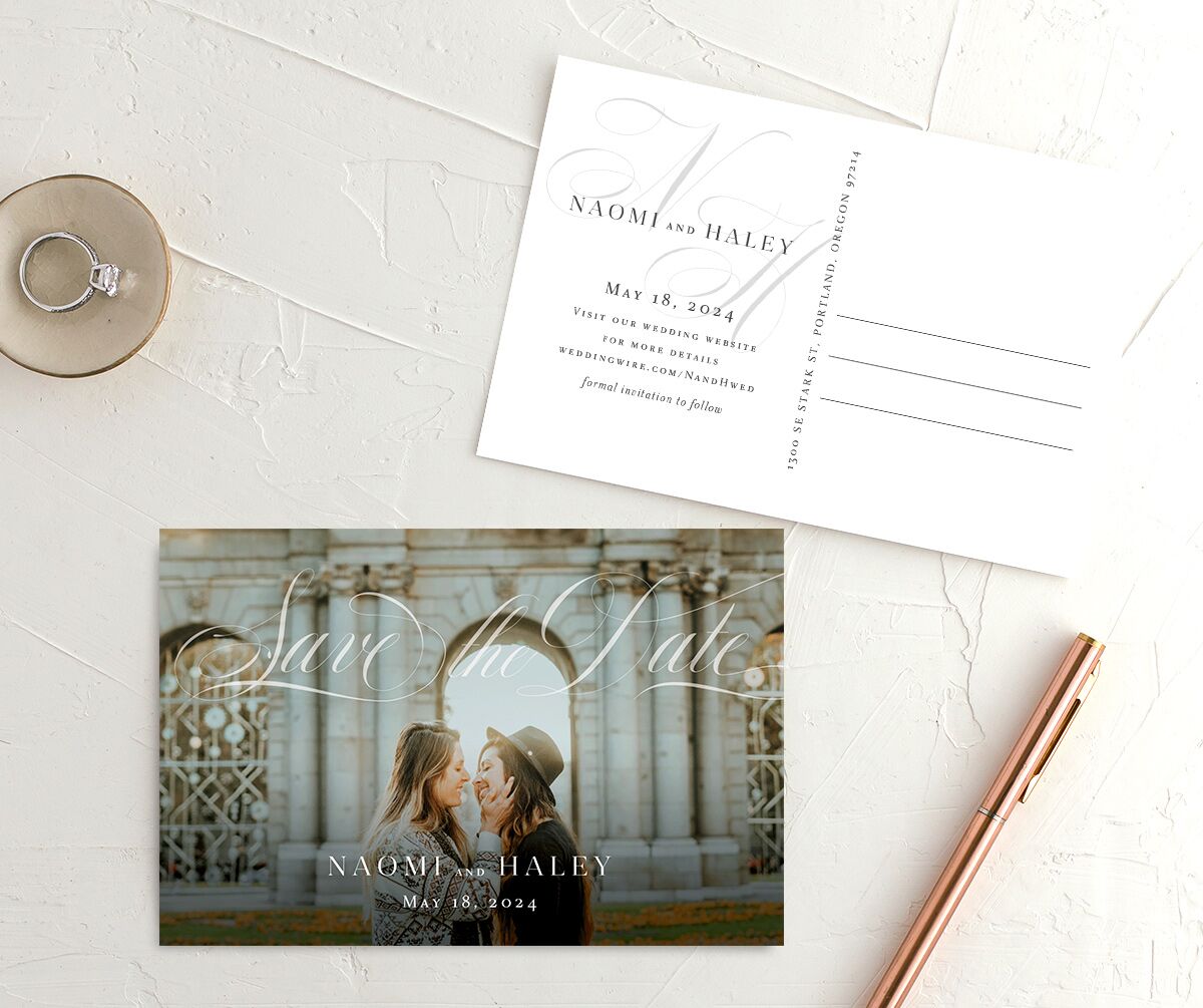 Elegant Initials Save the Date Postcards front-and-back in Midnight