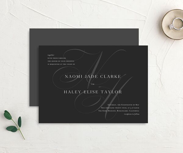 Elegant Initials Wedding Invitations front-and-back in Midnight