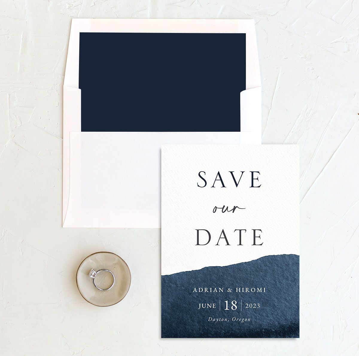 Watercolor Hills Save the Date Cards envelope-and-liner in French Blue