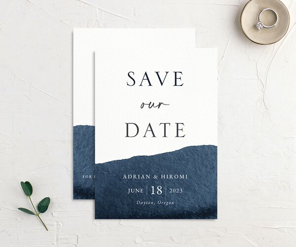 Watercolor Hills Save the Date Cards front-and-back in French Blue
