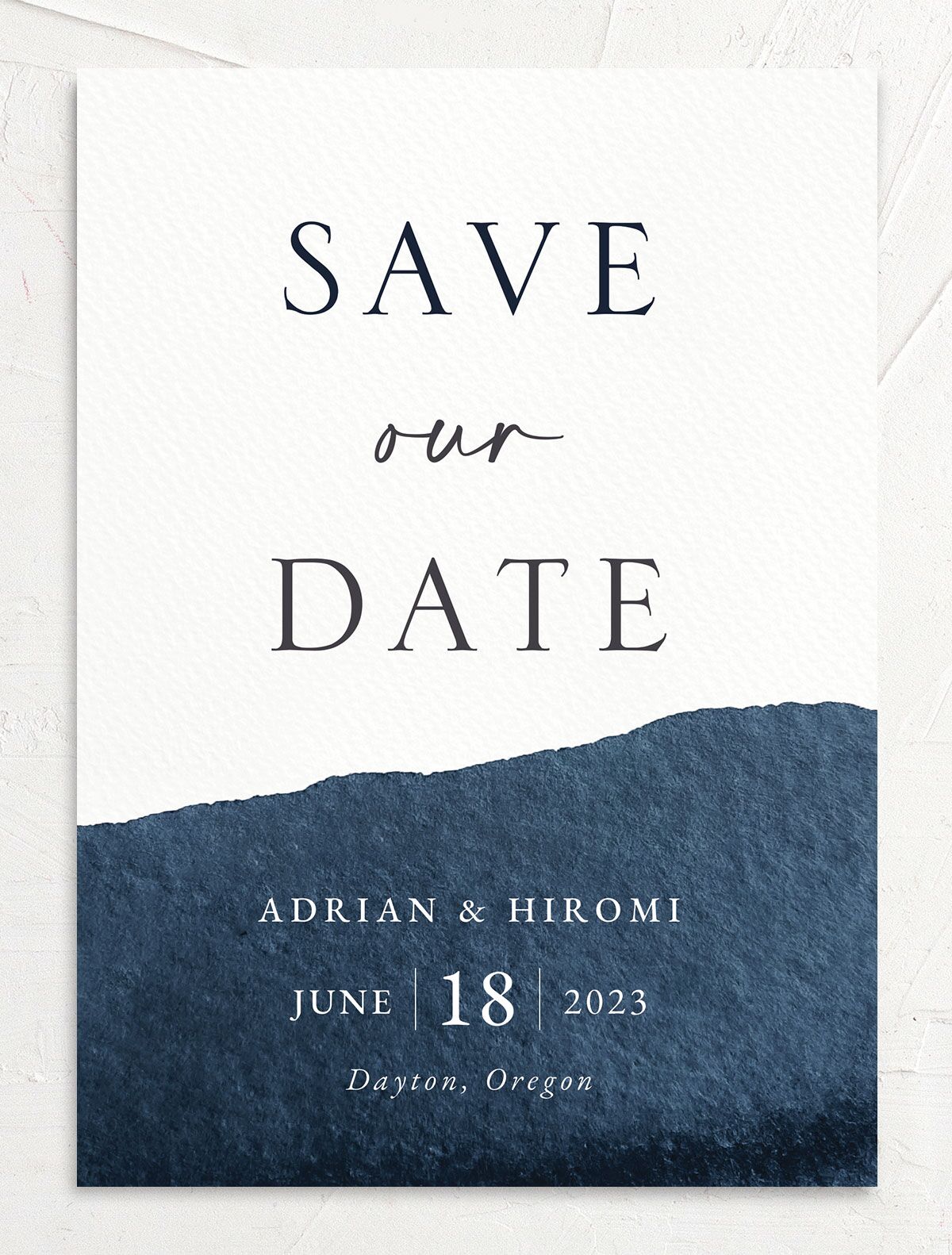 Watercolor Hills Save the Date Cards front in French Blue
