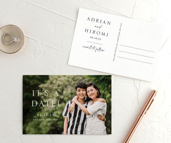 Watercolor Hills Save the Date Postcards front-and-back in French Blue