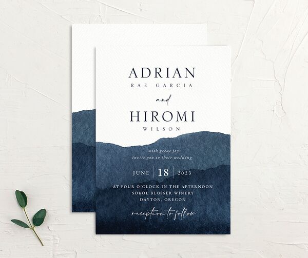 Watercolor Hills Wedding Invitations front-and-back in French Blue