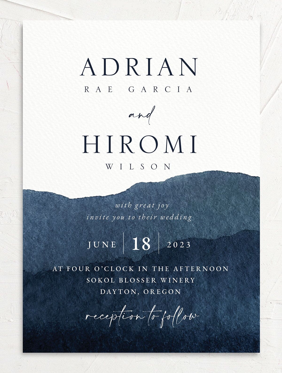 Watercolor Hills Wedding Invitations front in French Blue