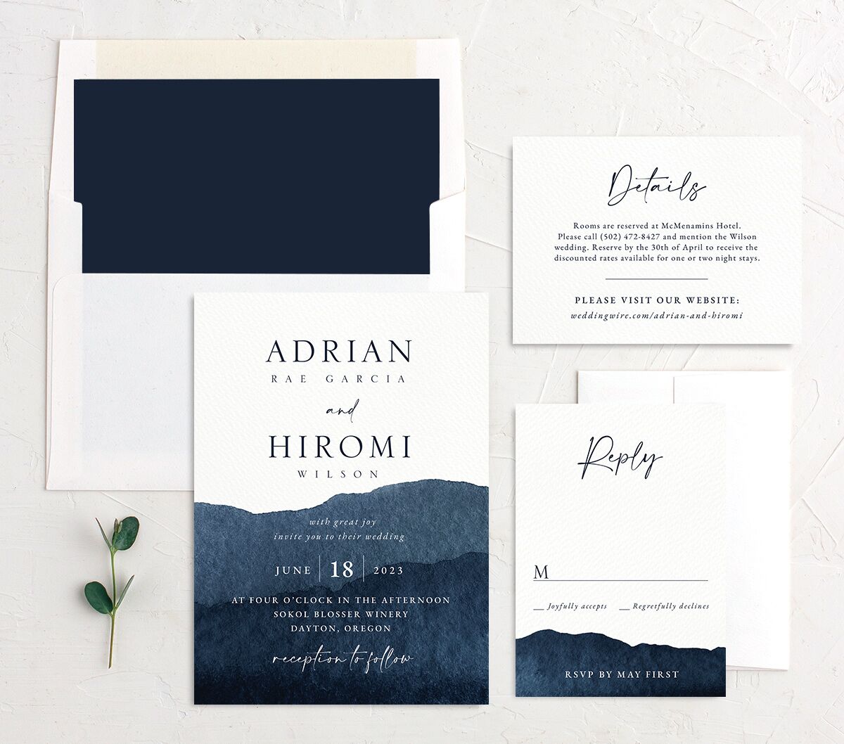 Watercolor Hills Wedding Invitations suite in French Blue