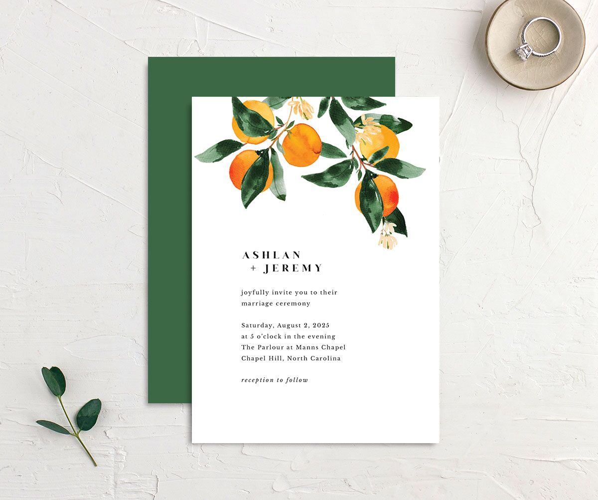 Orange Branches Wedding Invitations front-and-back in Pumpkin