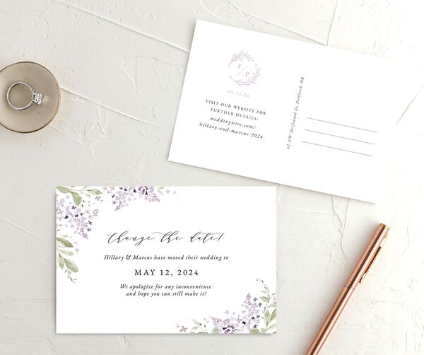Lilac Garland Change the Date Postcards front-and-back in Jewel Purple