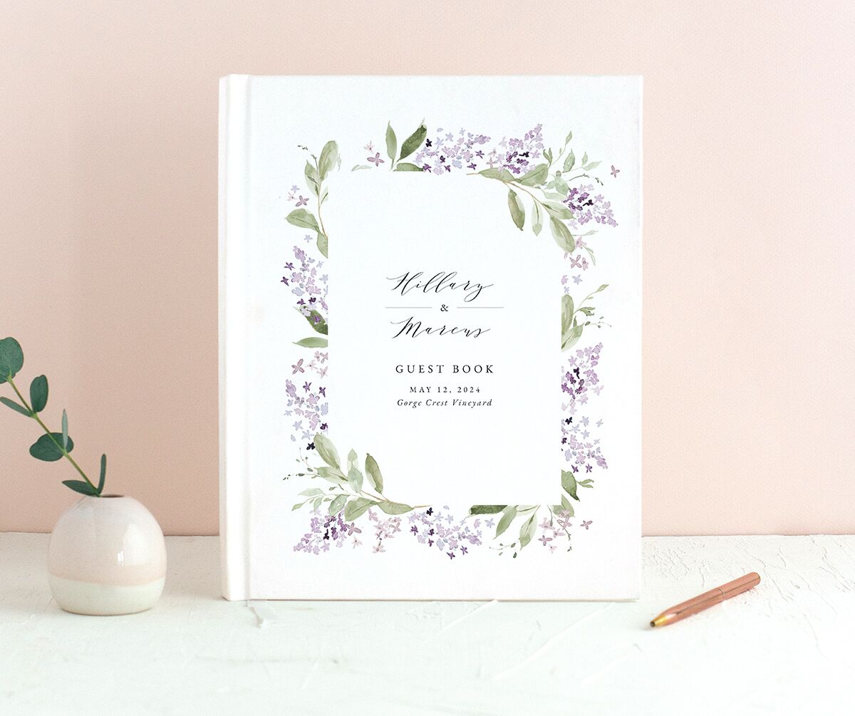 Lilac Garland Wedding Guest Book front in Jewel Purple