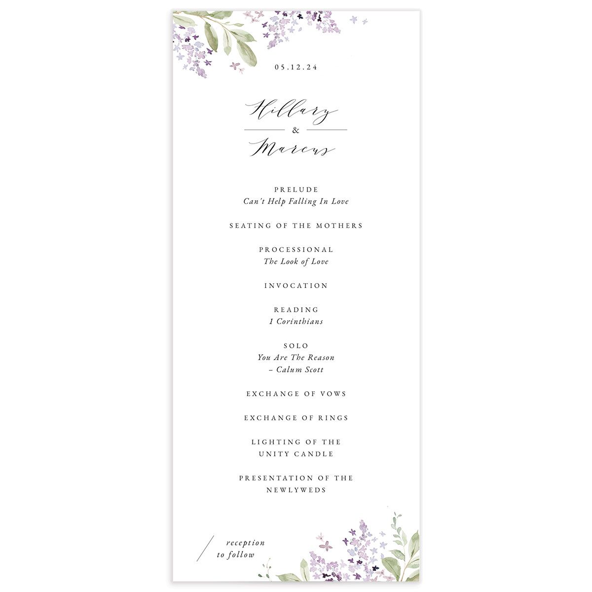 Lilac Garland Wedding Programs front in Jewel Purple