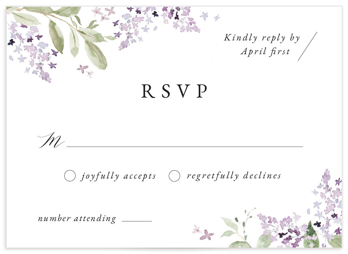 Lilac Garland Wedding Response Cards front in Jewel Purple
