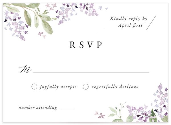 Lilac Garland Wedding Response Cards front in Jewel Purple