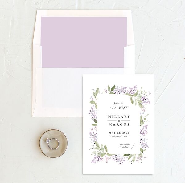 Lilac Garland Save the Date Cards envelope-and-liner in Jewel Purple