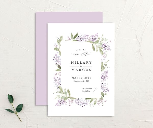 Lilac Garland Save the Date Cards front-and-back in Jewel Purple