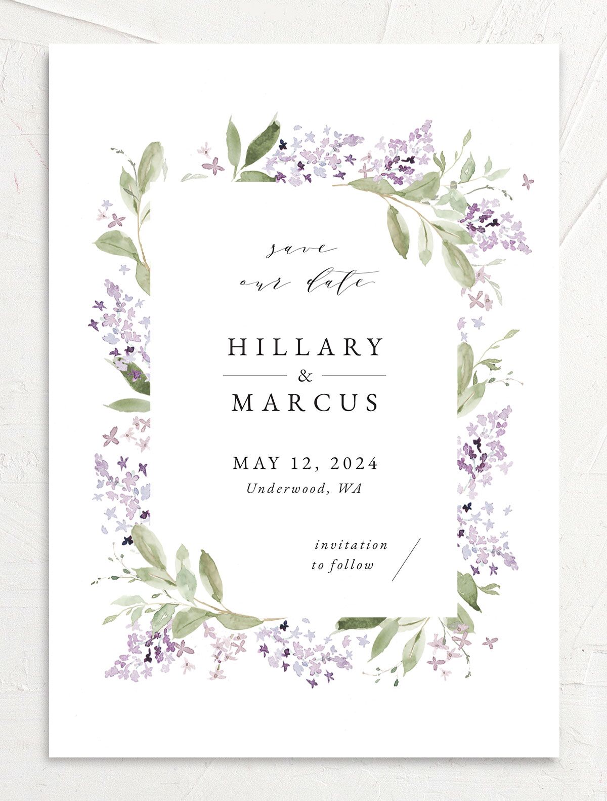 Lilac Garland Save the Date Cards front in Jewel Purple
