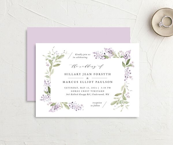 Lilac Garland Wedding Invitations front-and-back in Jewel Purple