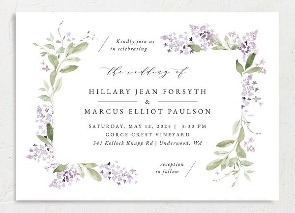 Lilac Garland Wedding Invitations front in Jewel Purple