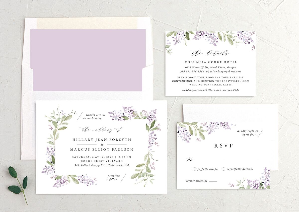 Lilac Garland Wedding Invitations suite in Jewel Purple
