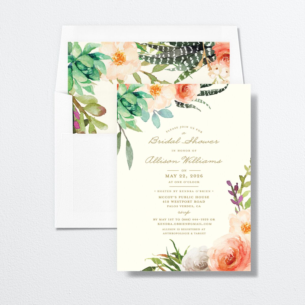 Lush Blooms Bridal Shower Invitations envelope-and-liner in Champagne