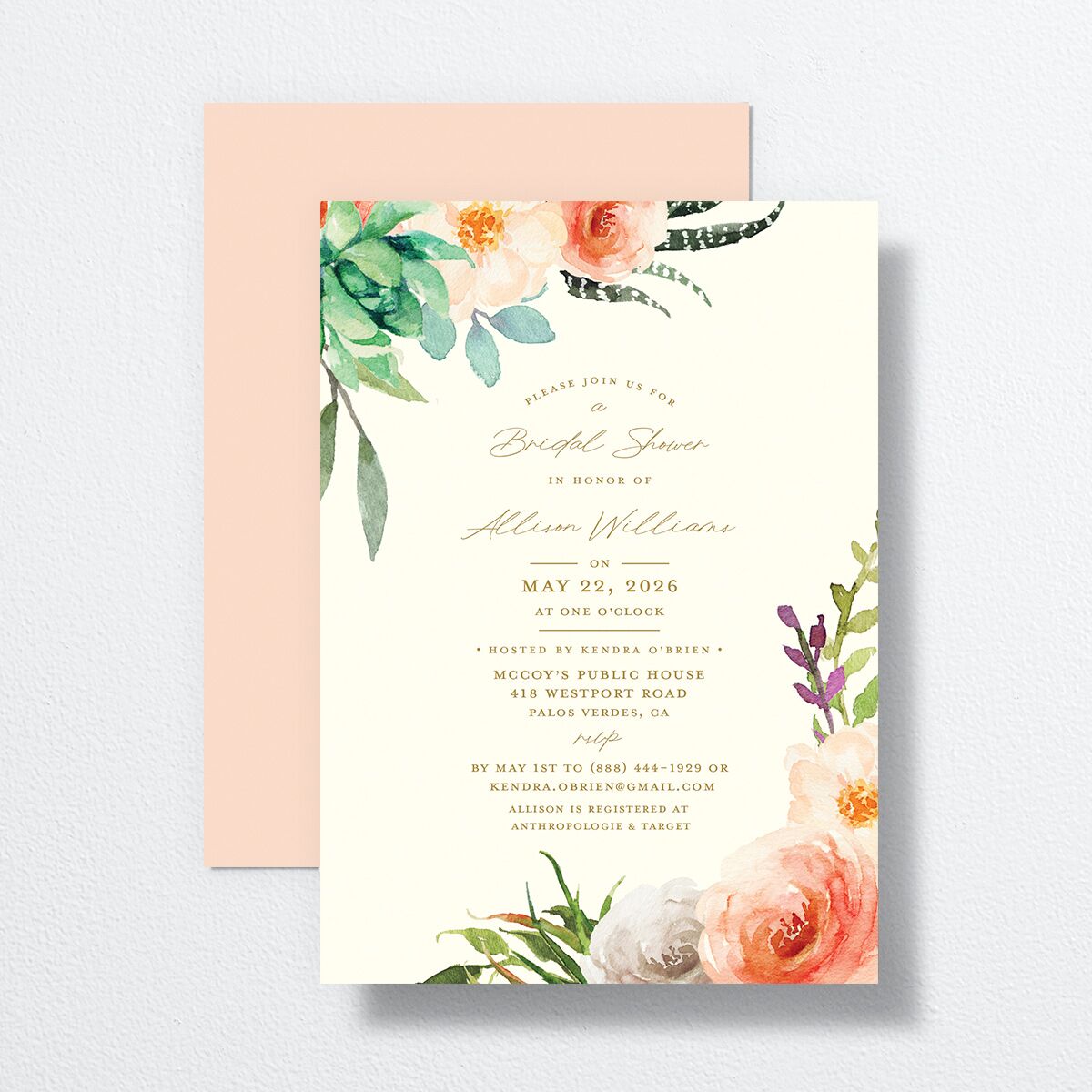 Lush Blooms Bridal Shower Invitations front-and-back in Champagne