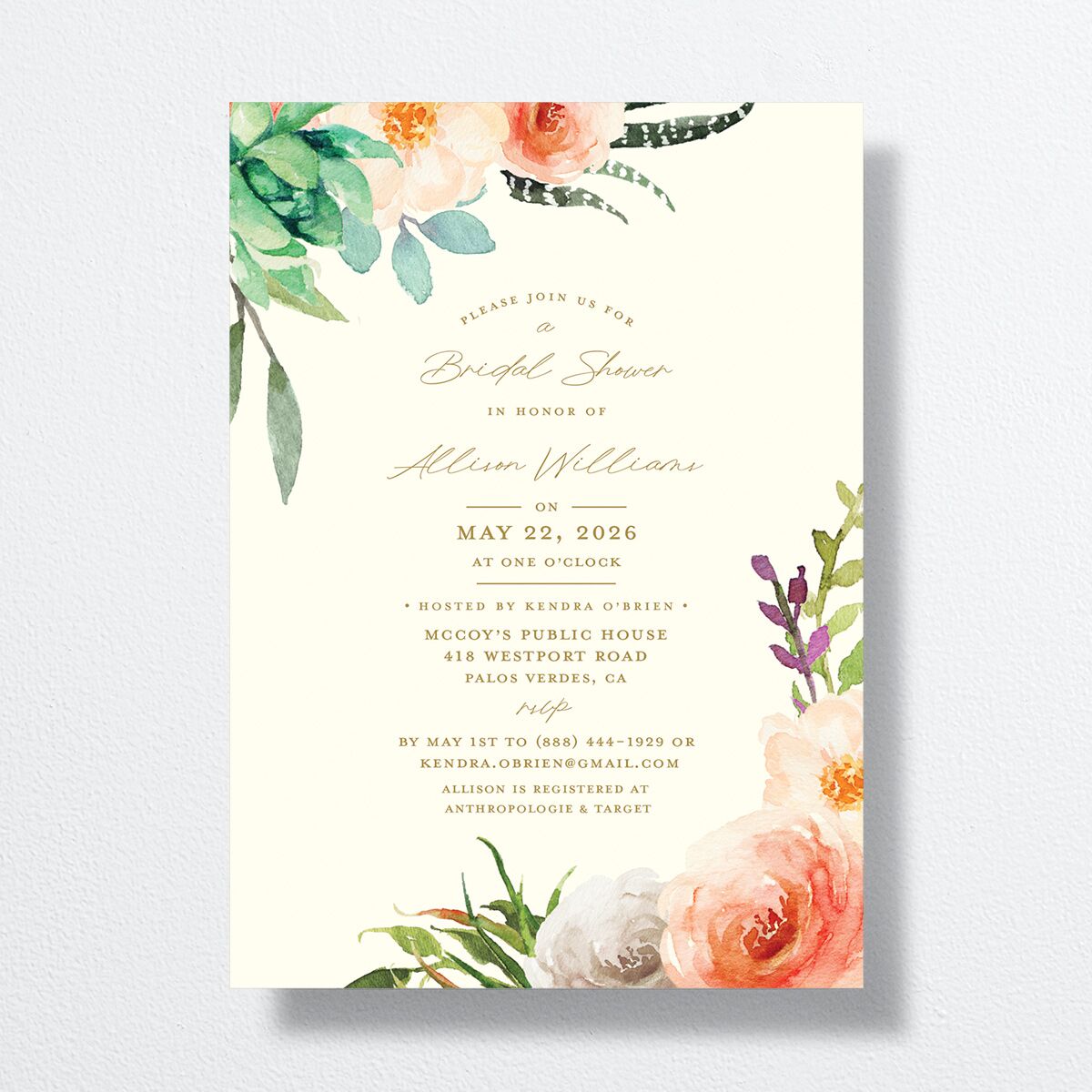 Lush Blooms Bridal Shower Invitations front in Champagne