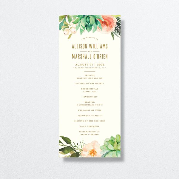 Lush Blooms Wedding Programs front in Champagne