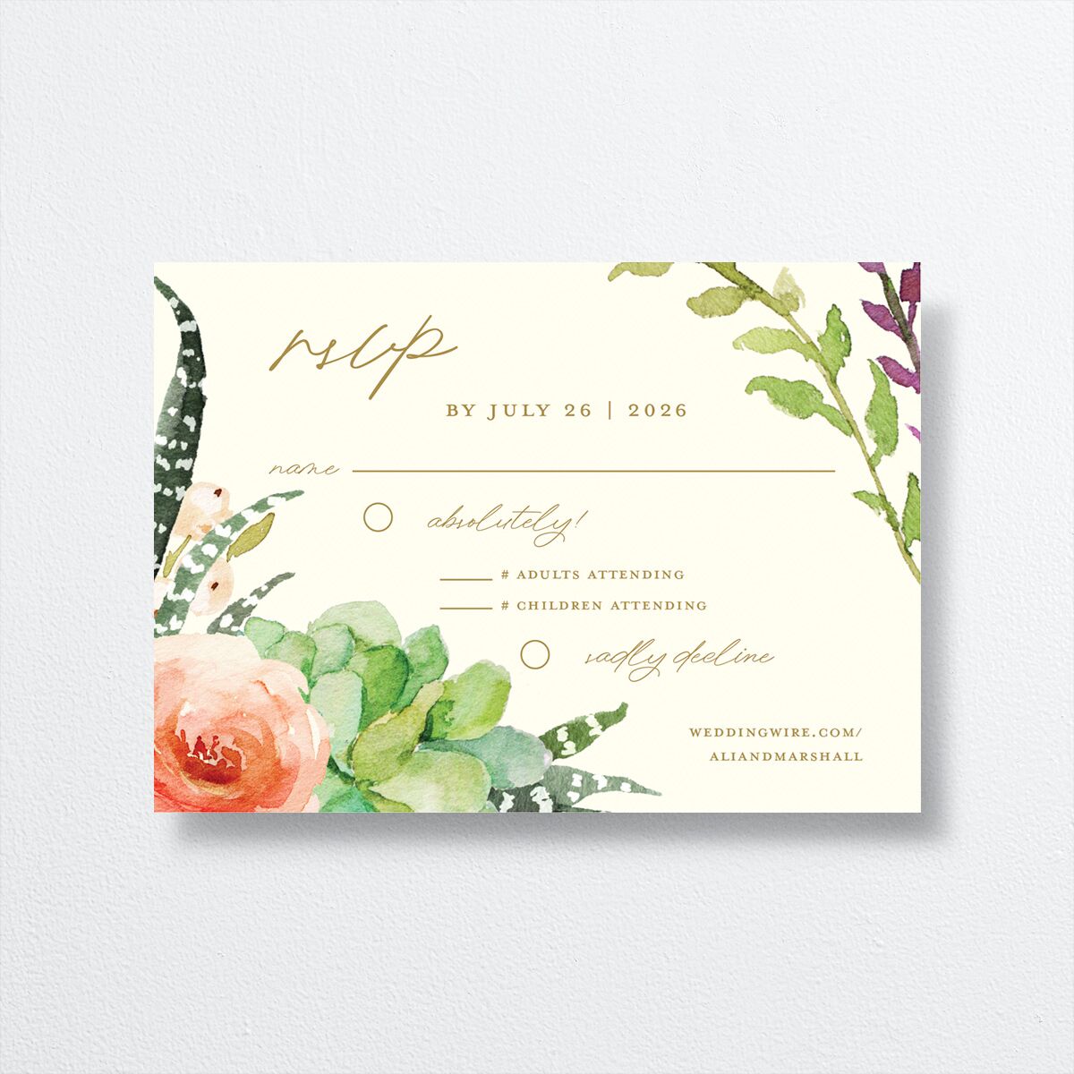 Lush Blooms Wedding Response Cards front in Champagne