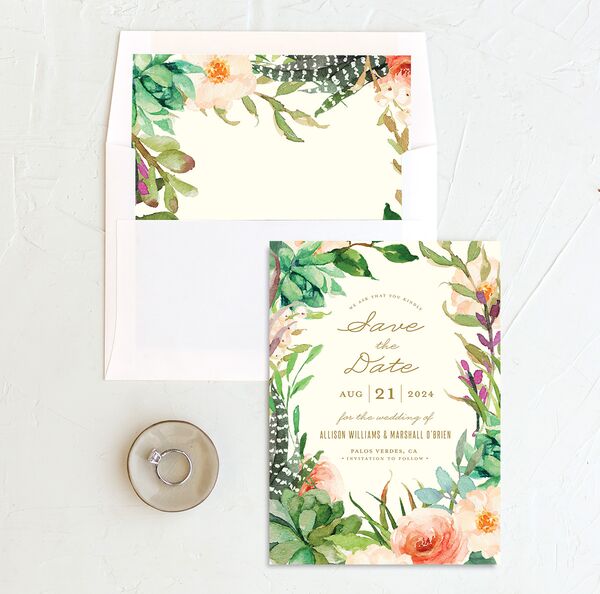 Lush Blooms Save the Date Cards envelope-and-liner in Champagne