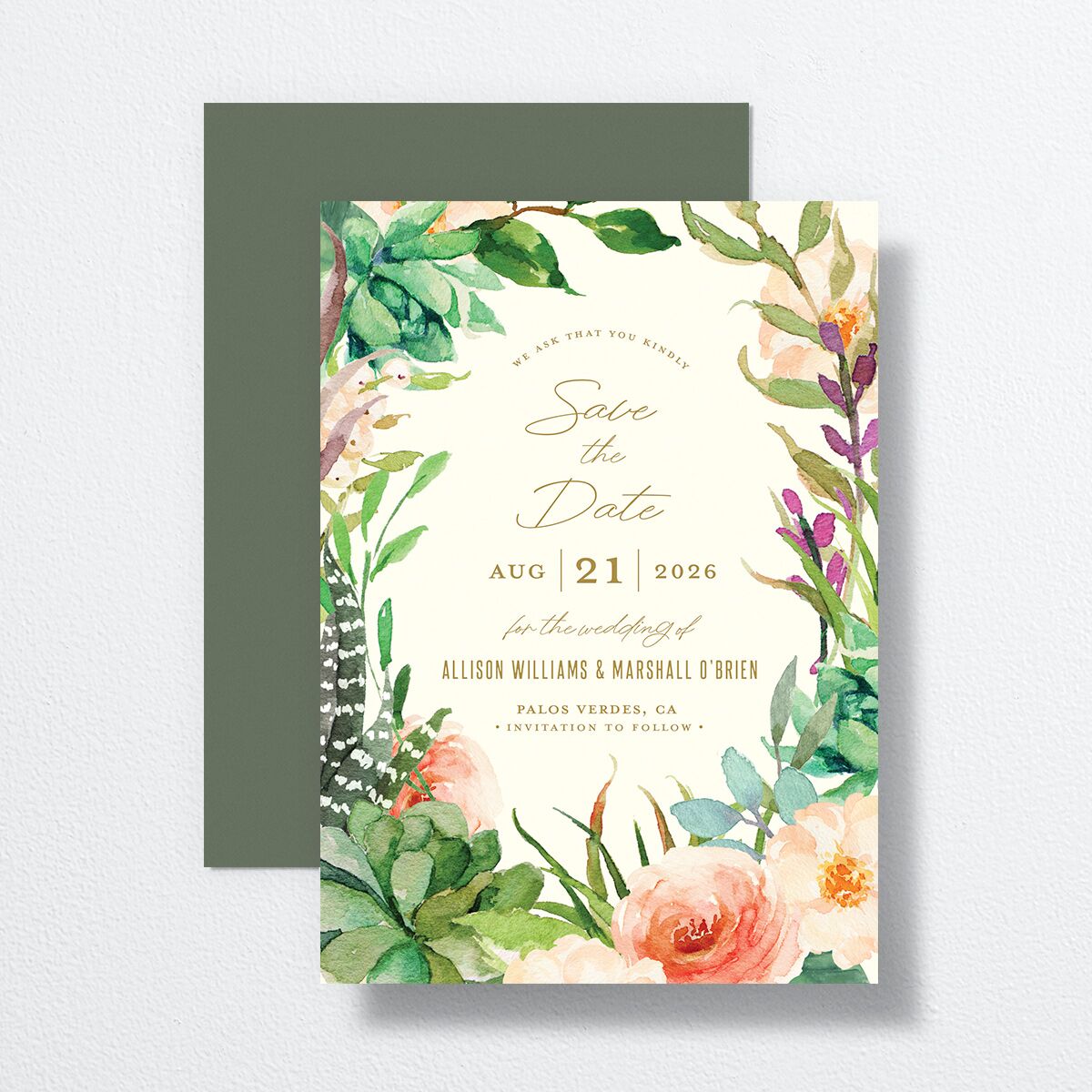 Lush Blooms Save the Date Cards front-and-back in Champagne