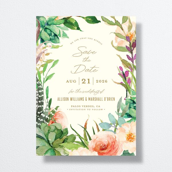 Lush Blooms Save the Date Cards front in Champagne
