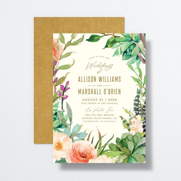 Lush Blooms Wedding Invitations front-and-back in Champagne