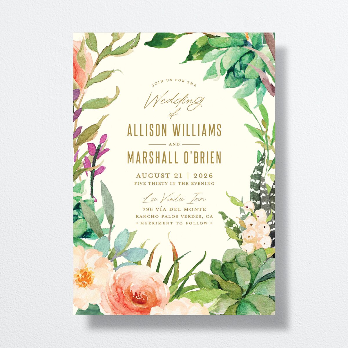 Lush Blooms Wedding Invitations front in Champagne