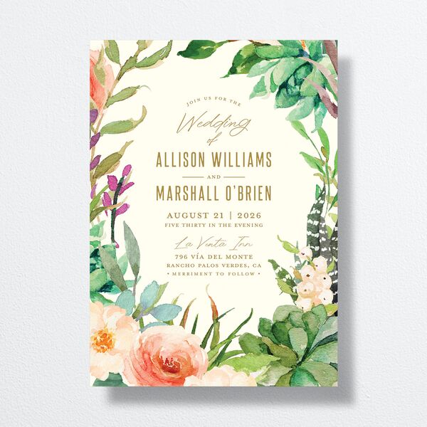 Lush Blooms Wedding Invitations front in Champagne