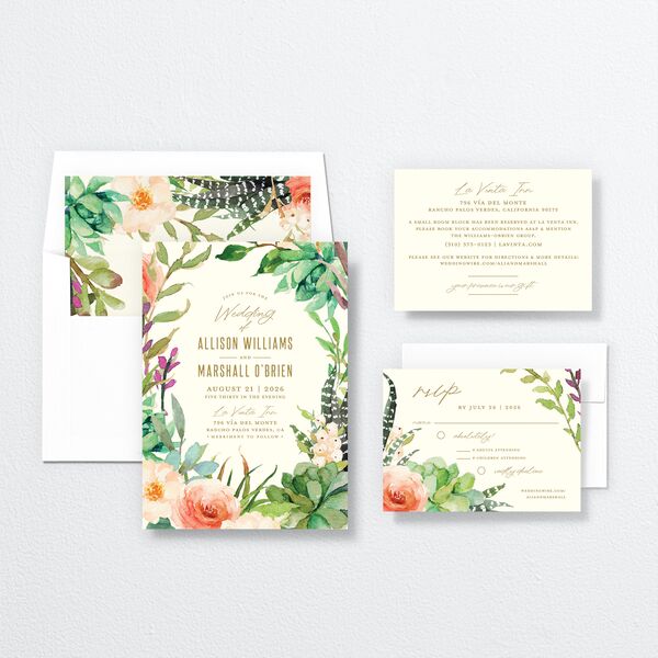 Lush Blooms Wedding Invitations suite in Champagne
