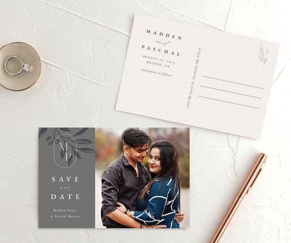 Timeless Monogram Save the Date Postcards front-and-back in Silver