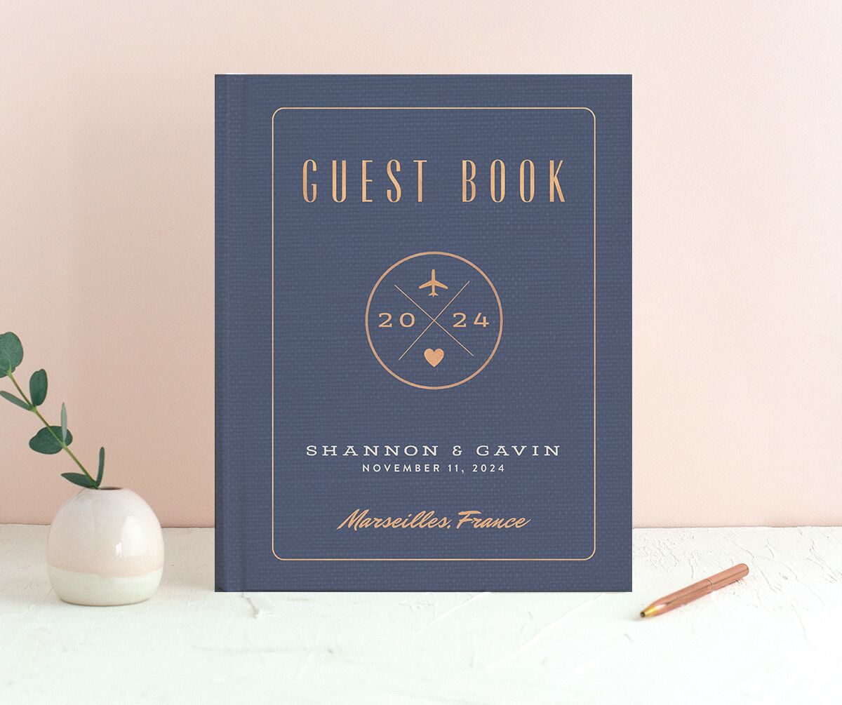 Retro Travel Wedding Guest Book front in French Blue