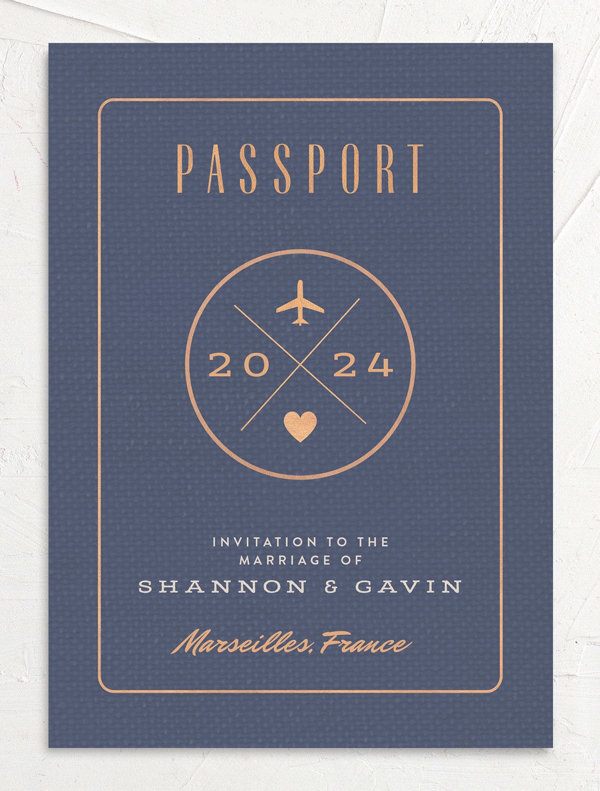 Retro Travel Wedding Invitations front in French Blue