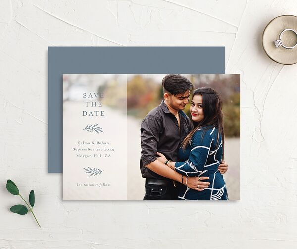 Elegant Emblem Save the Date Cards front-and-back in French Blue