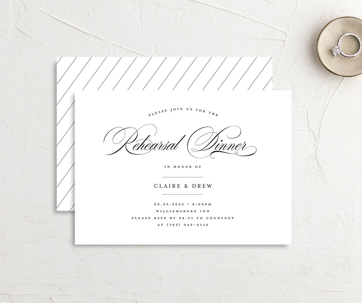 Elegant Cursive Rehearsal Dinner Invitations front-and-back in Midnight