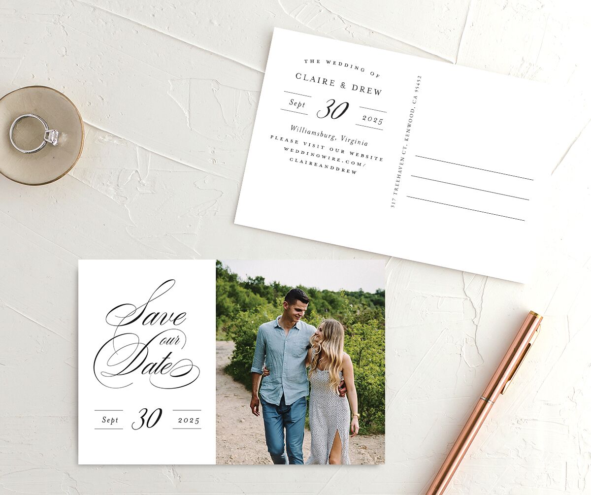Elegant Cursive Save the Date Postcards front-and-back in Midnight